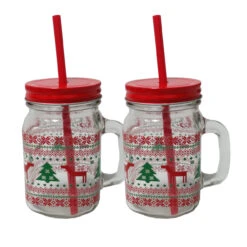 Neuetischkultur Rentier Mit Weihnachtsbaum Trinkglas Mit Henkel, Deckel Und Trinkhalm 2er Set