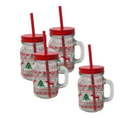 Neuetischkultur Rentier Mit Weihnachtsbaum Trinkglas Mit Henkel, Deckel Und Trinkhalm 4er Set