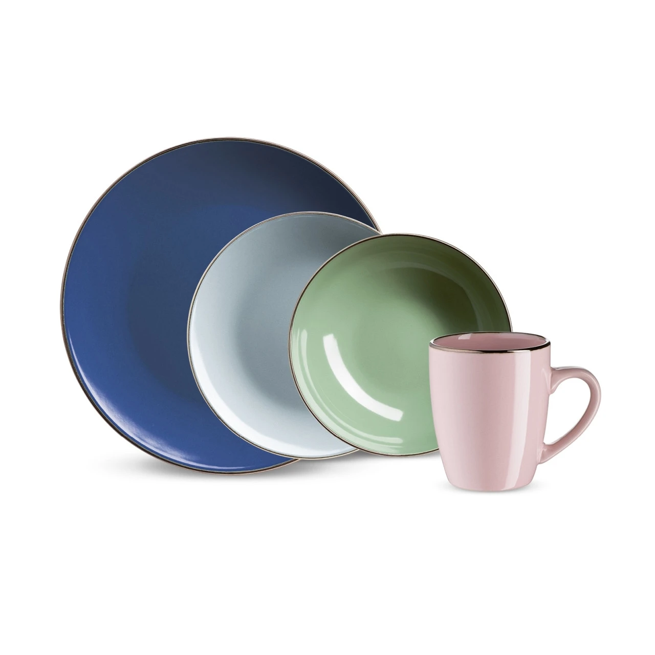 Neuetischkultur Metallic Rim Vierfarbig Kombiservice 16-teilig 2 Neuetischkultur Metallic Rim Vierfarbig Kombiservice 16-teilig